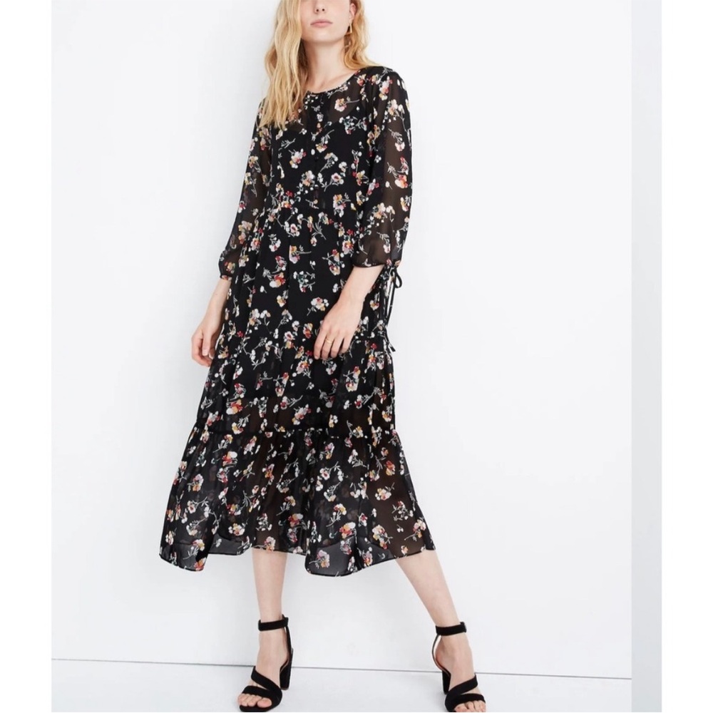 Madewell midi sheer button front Floral Black Chiffon Dress small tiered